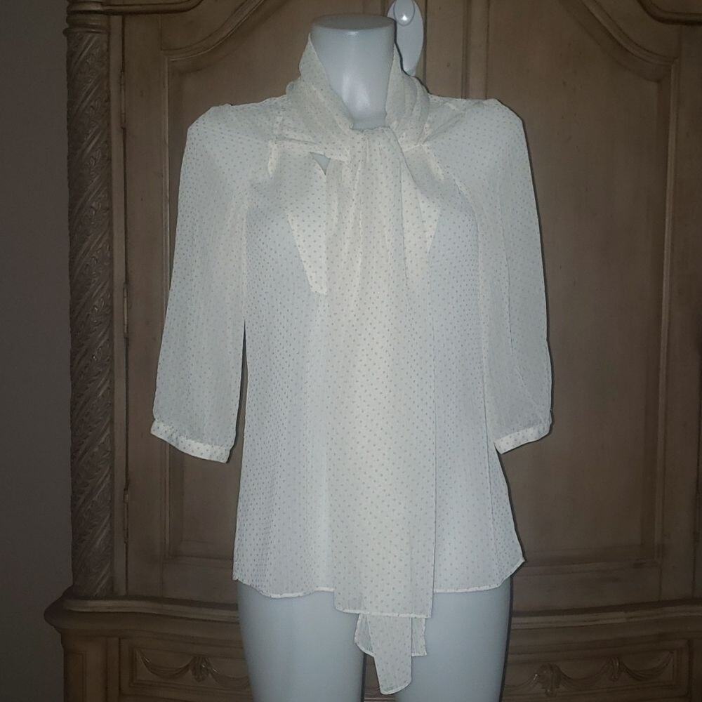 Fossil Scarf Neck Sheer Mid Length Sleeve Polka Dot Blouse